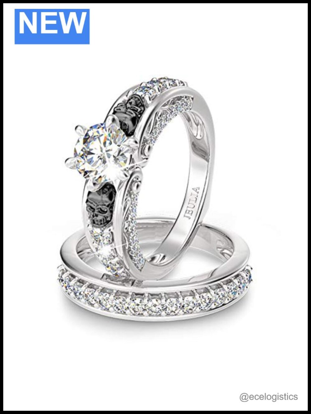 Jeulia Sterling Silver Skull Ring Set Round Cut Halo Engagement